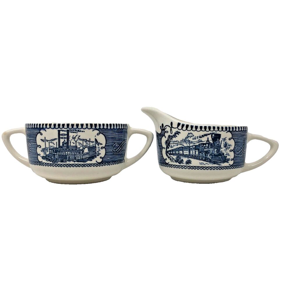 Currier & Ives Creamer Sugar Vintage Royal China Train River Boat Scene USA